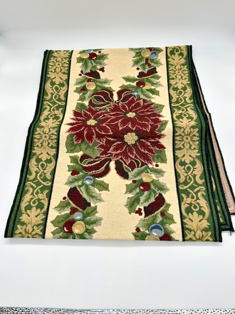 Christmas Poinsettia Tapestry Table Runner 13.75" x 69" Holiday Woven Décor